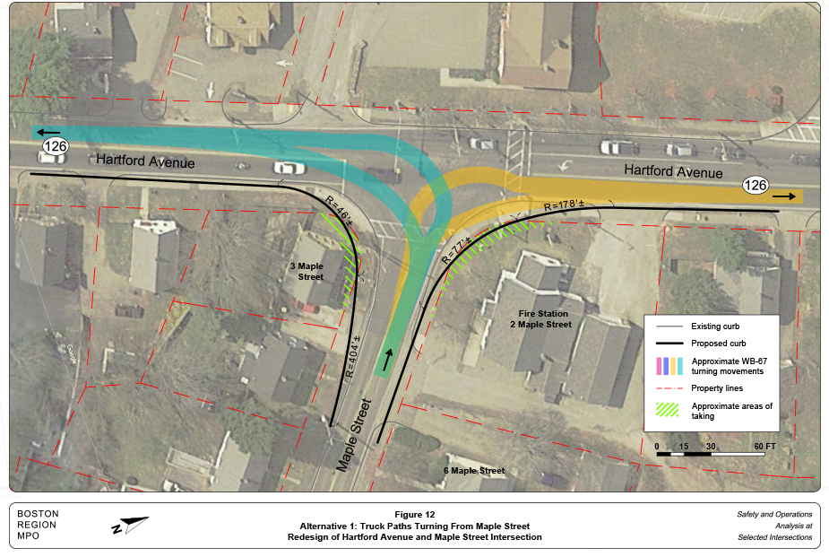 FIGURE 12. Alternative 1: Truck Paths Turning From Maple Street
Figure 12 shows how Alternative 1 accommodates the turning movements of a WB-20 semitrailer.

